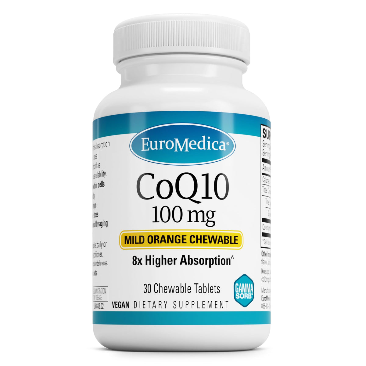 EuroMedica CoQ10 chewable tablet pack for energy and aging support.
