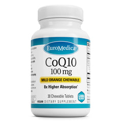 EuroMedica CoQ10 chewable tablet pack for energy and aging support.