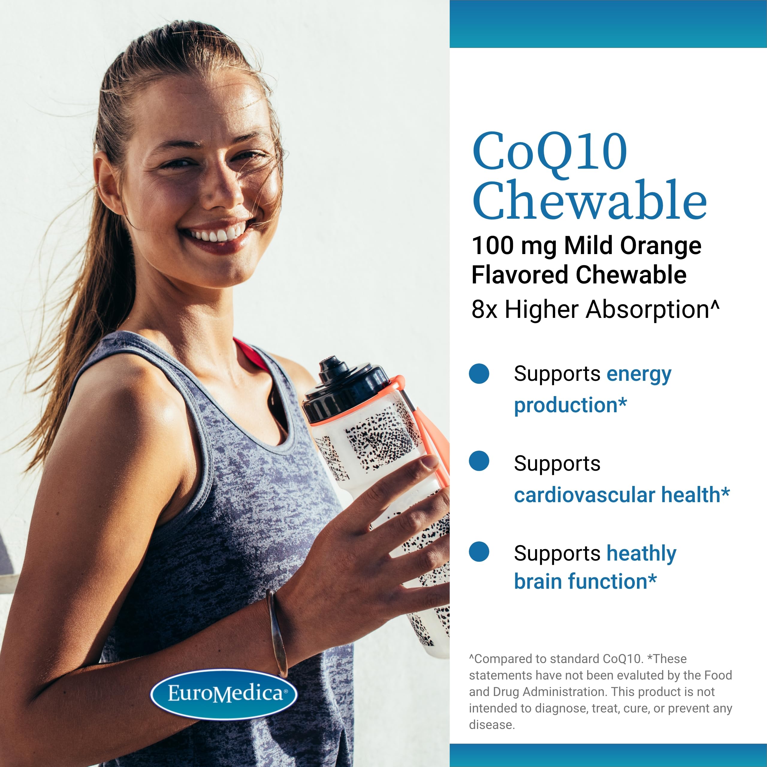 EuroMedica CoQ10 tablets on surface ready for daily use.