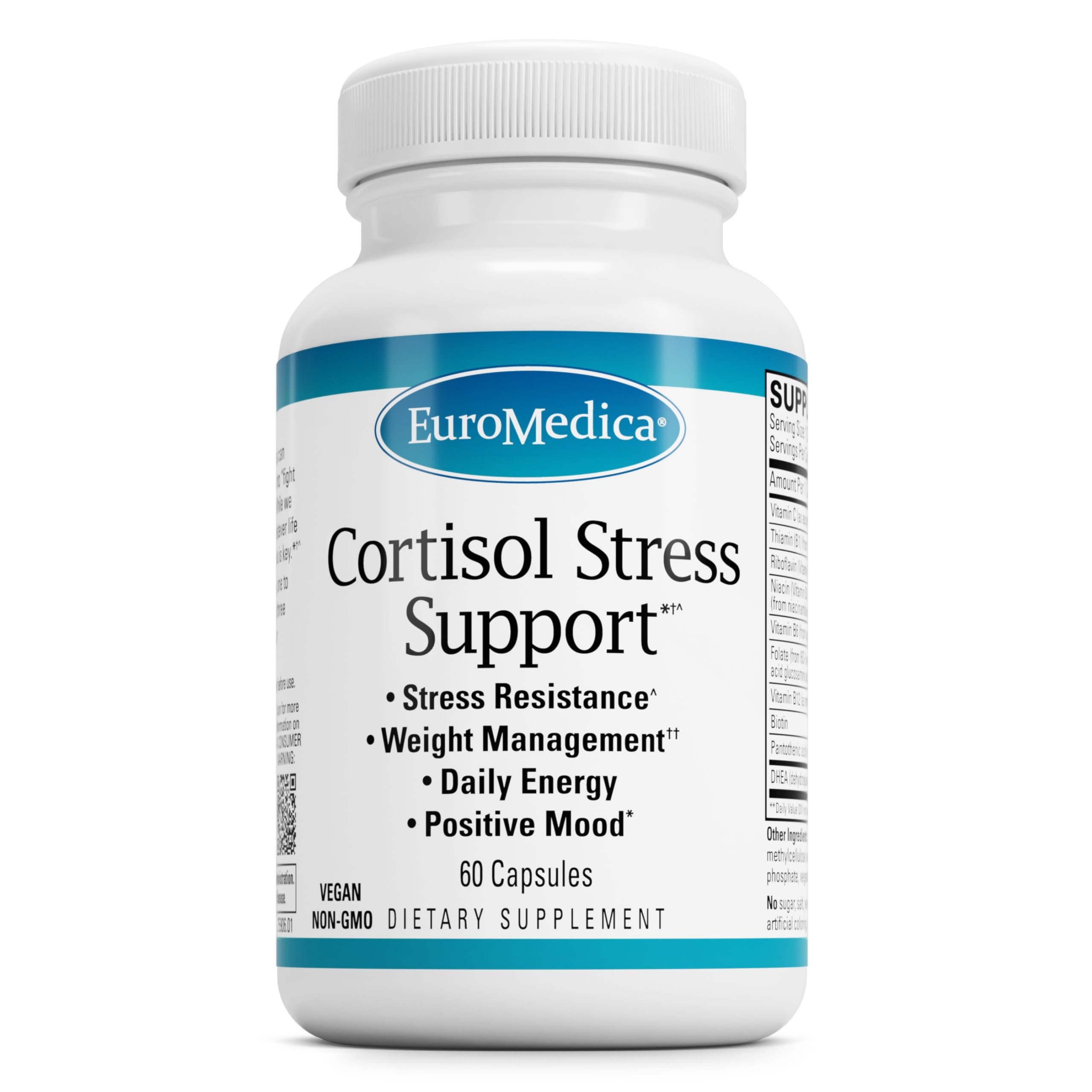 EuroMedica Cortisol Stress Support bottle with capsules for daily energy and immune support.
