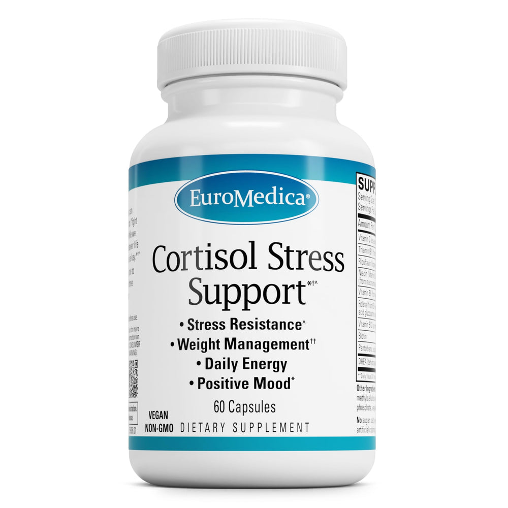 EuroMedica Cortisol Stress Support bottle with capsules for daily energy and immune support.