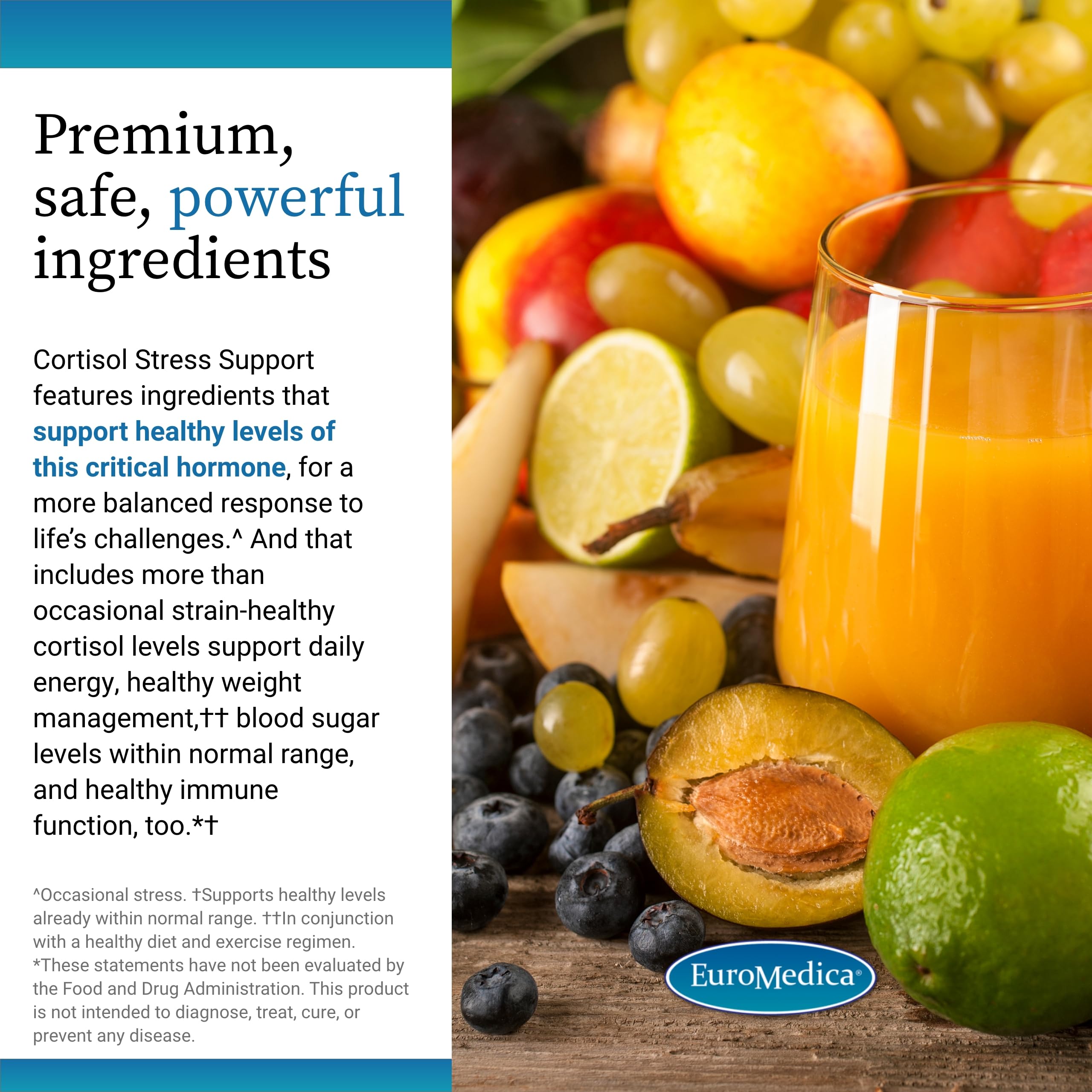 EuroMedica Cortisol Stress Support ingredients list features B vitamins and vitamin C.