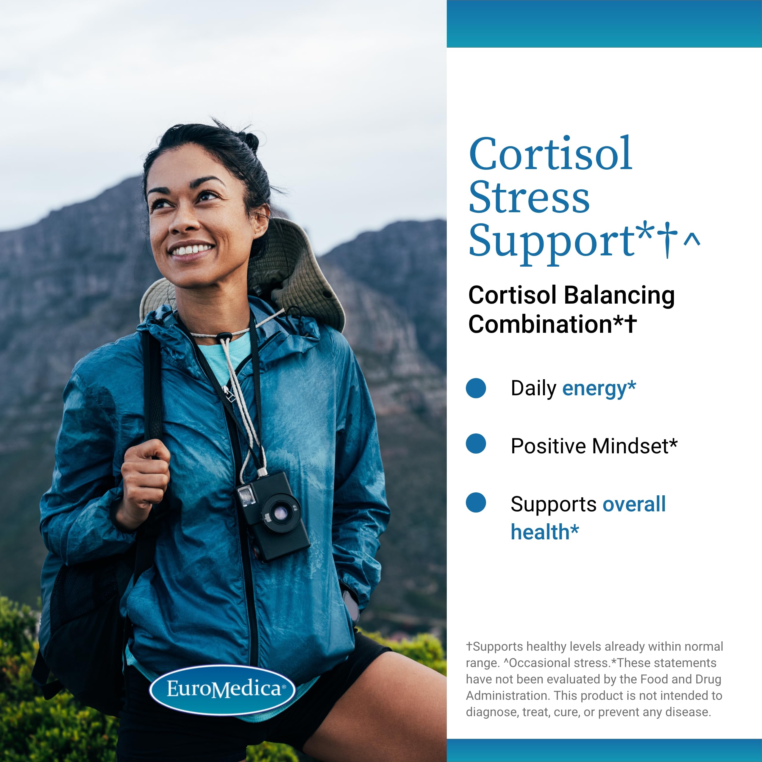 EuroMedica Cortisol Stress Support label highlights vegan formula and DHEA.