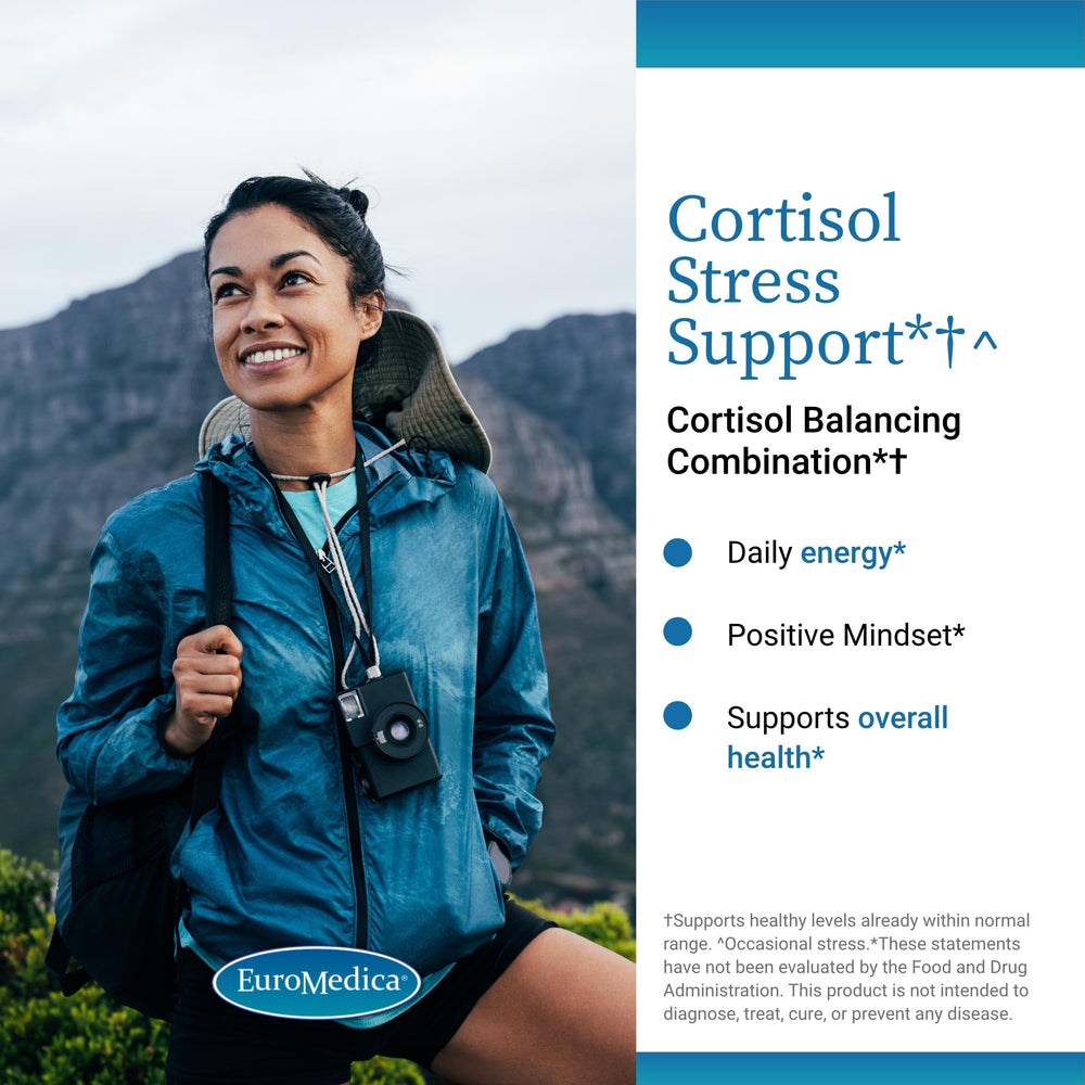 EuroMedica Cortisol Stress Support label highlights vegan formula and DHEA.