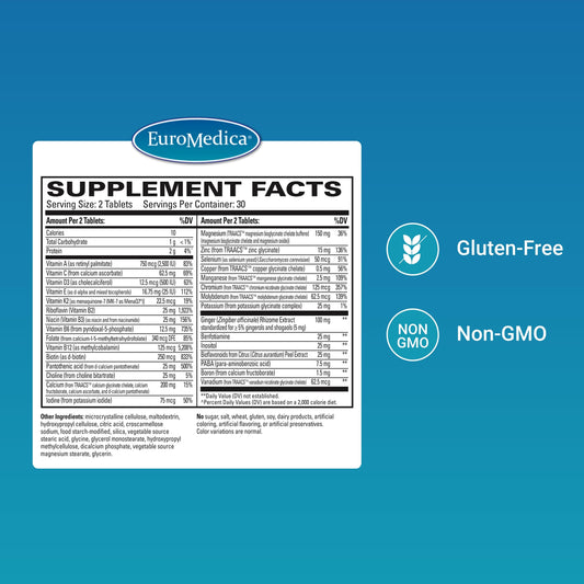 EuroMedica Essential Multivitamin label highlights chelated minerals for better bioavailability