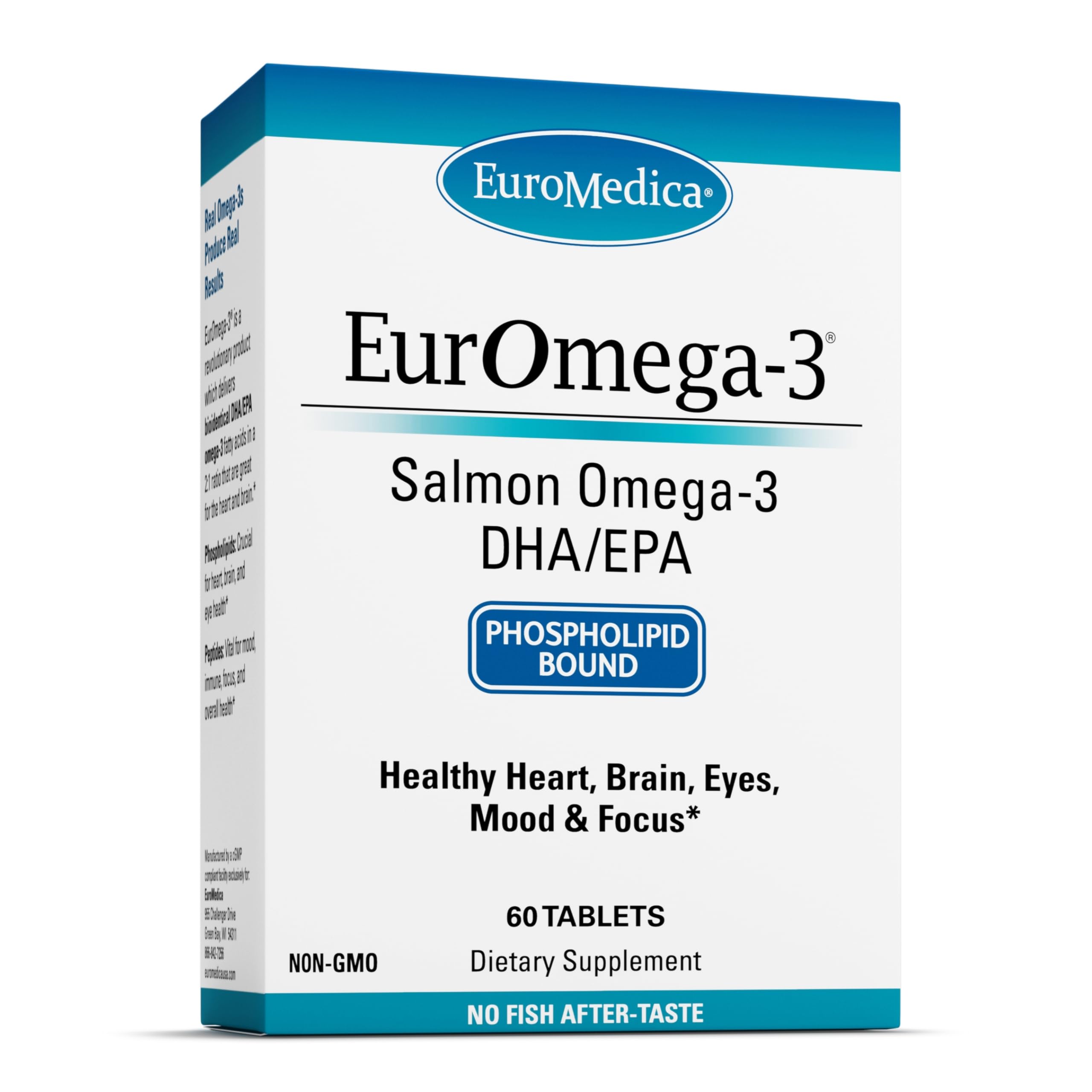 EuroMedica EurOmega-3 bottle with capsules supporting brain and heart health.