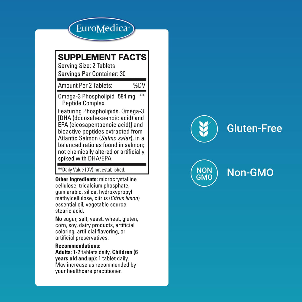 EuroMedica EurOmega-3 tablets closeup highlighting phospholipid delivery advantage.
