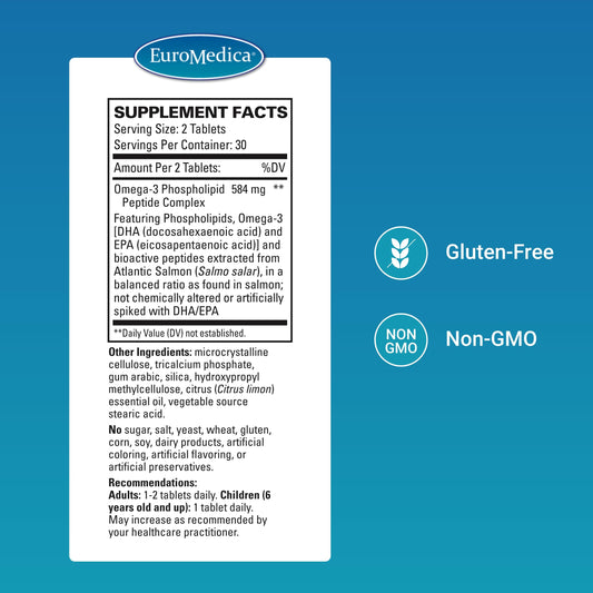 EuroMedica EurOmega-3 tablets closeup highlighting phospholipid delivery advantage.