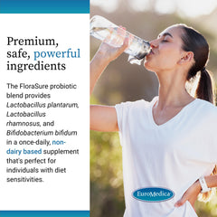 Allergen-free FloraSure probiotic highlights no gluten or dairy.