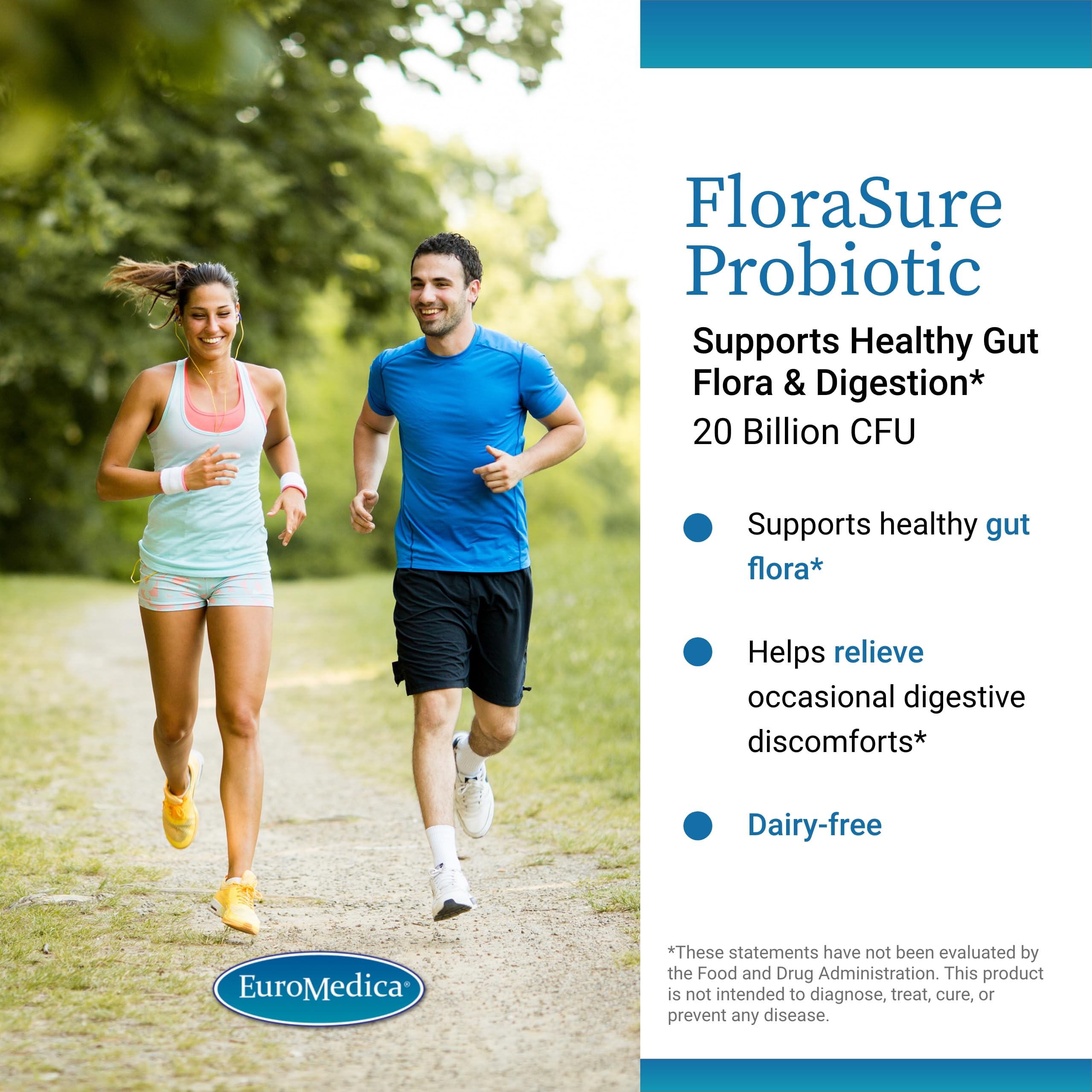 FloraSure label close-up shows Lactobacillus blend for gut balance.