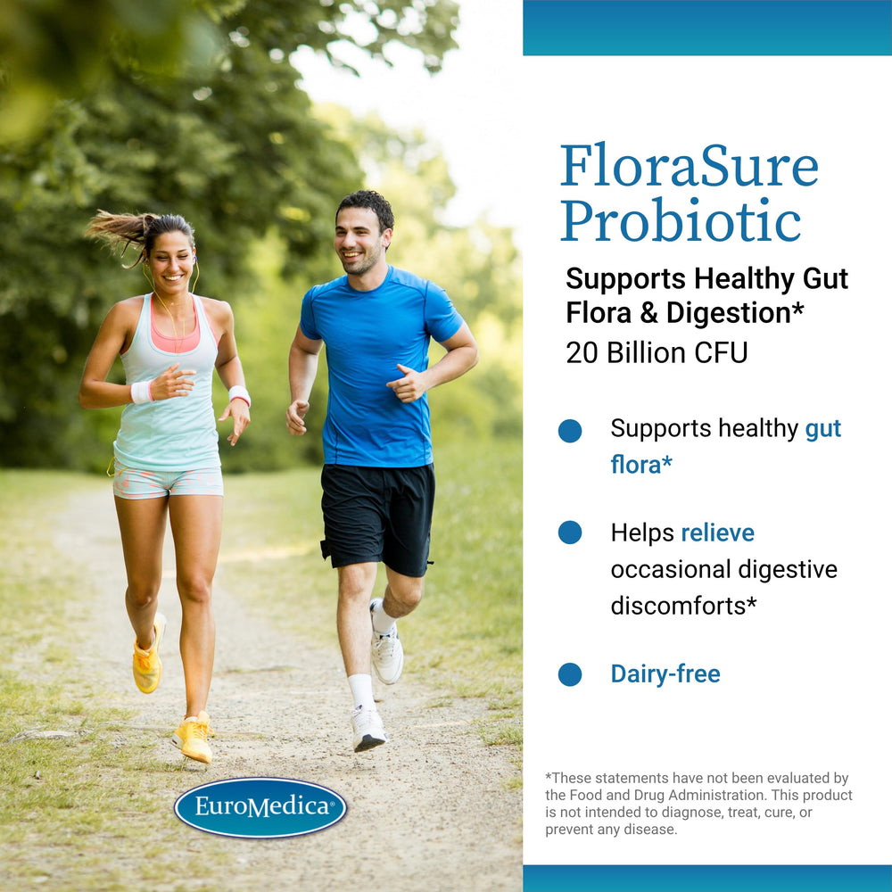 FloraSure label close-up shows Lactobacillus blend for gut balance.