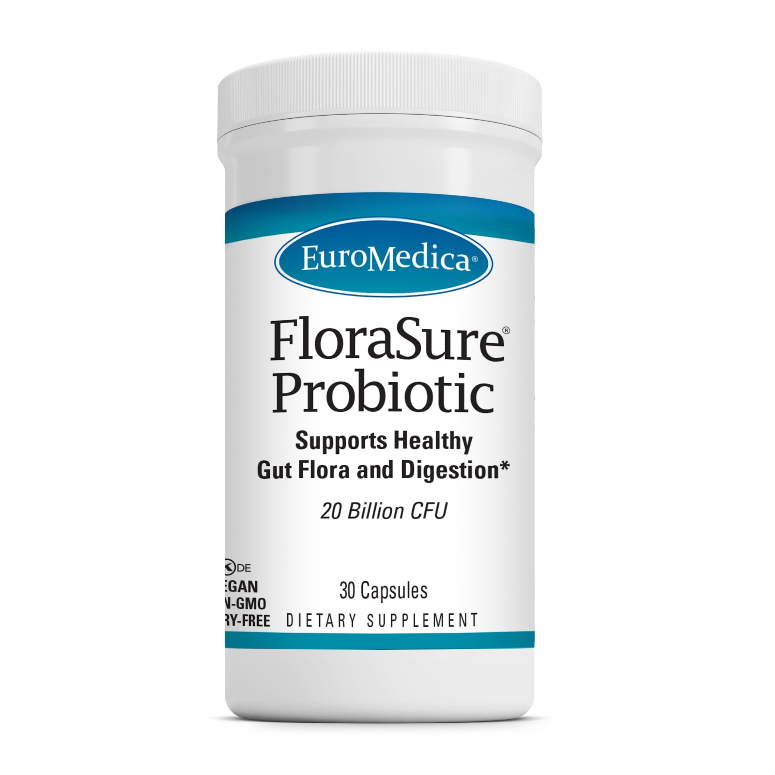 EuroMedica FloraSure probiotic bottle front view for daily gut health support.