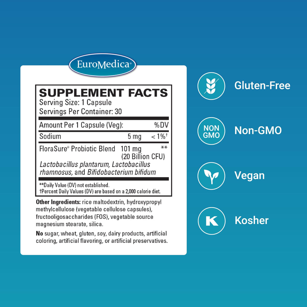 FloraSure probiotic capsules poured from bottle for daily digestion support.