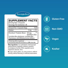 FloraSure probiotic capsules poured from bottle for daily digestion support.