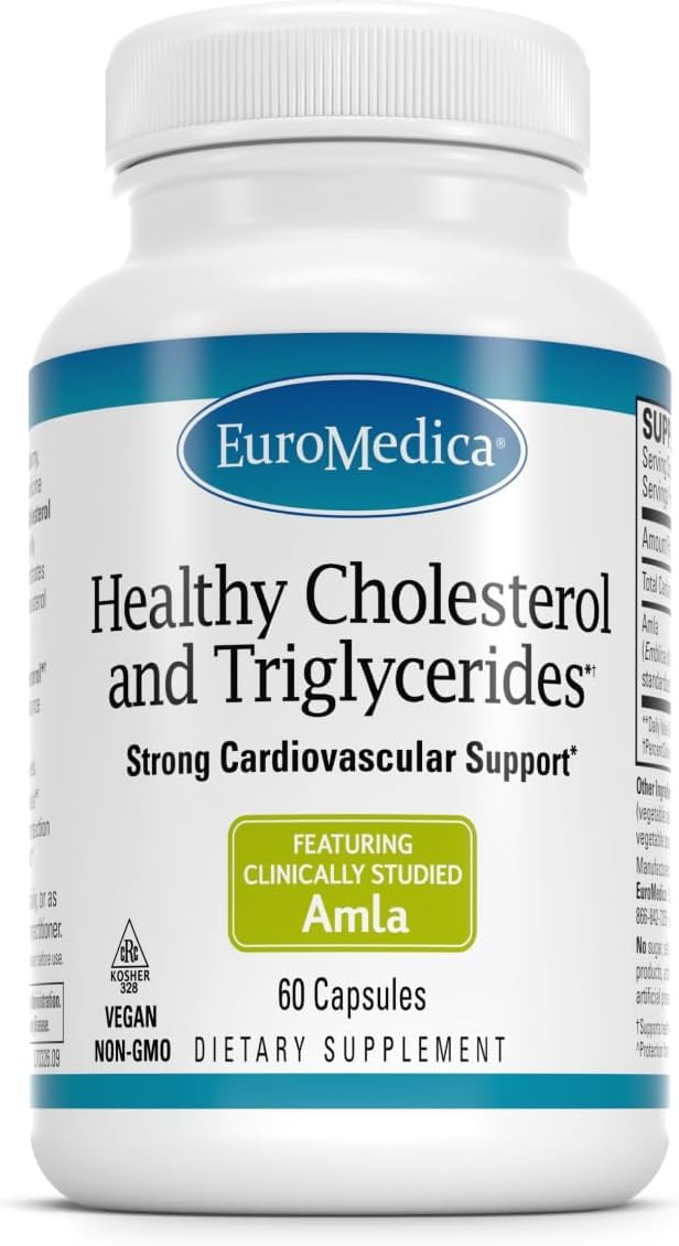 EuroMedica Healthy Cholesterol & Triglycerides bottle with capsules for vegan, non-GMO wellness support.