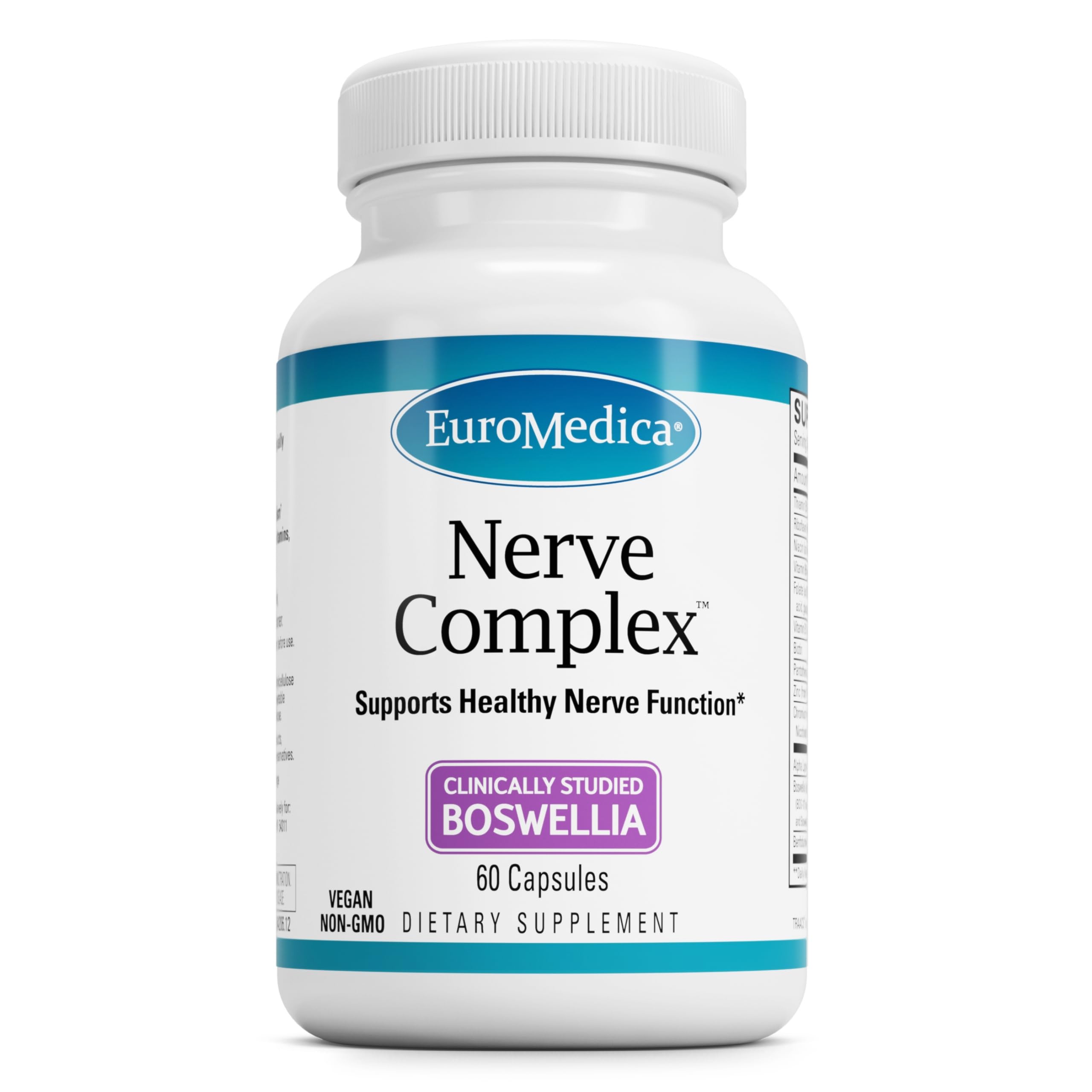 EuroMedica Nerve Complex bottle front view for vegan nerve health support.