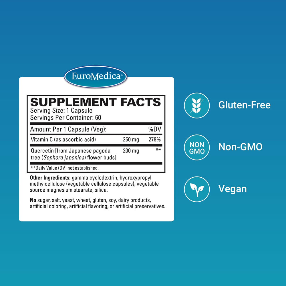 Capsules close-up showing quercetin and vitamin C for histamine support