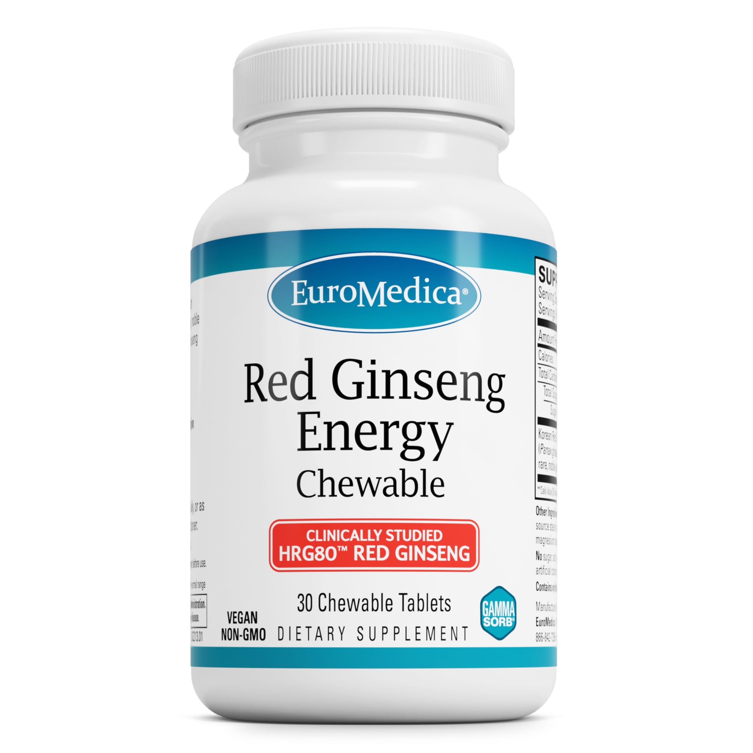 EuroMedica Red Ginseng Energy bottle label highlighting HRG80 ginseng for daily focus