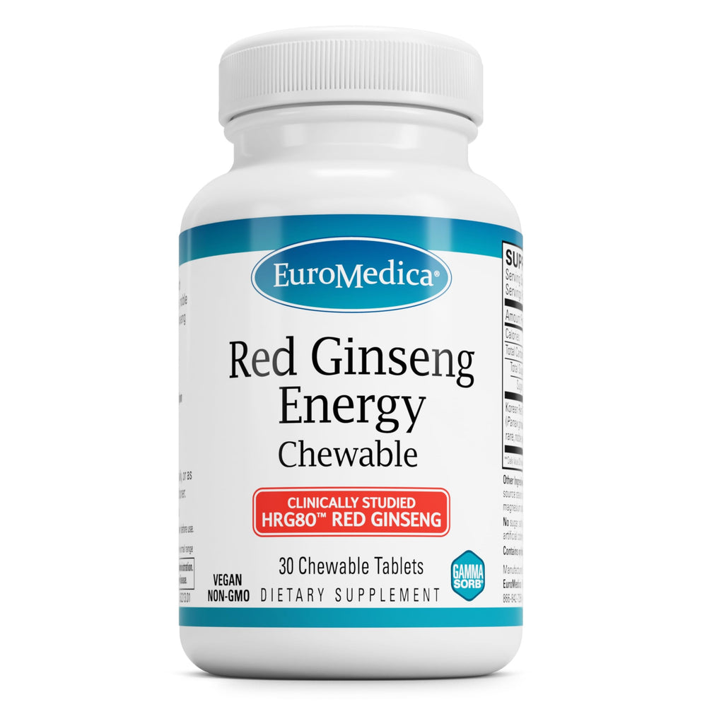 EuroMedica Red Ginseng Energy bottle label highlighting HRG80 ginseng for daily focus