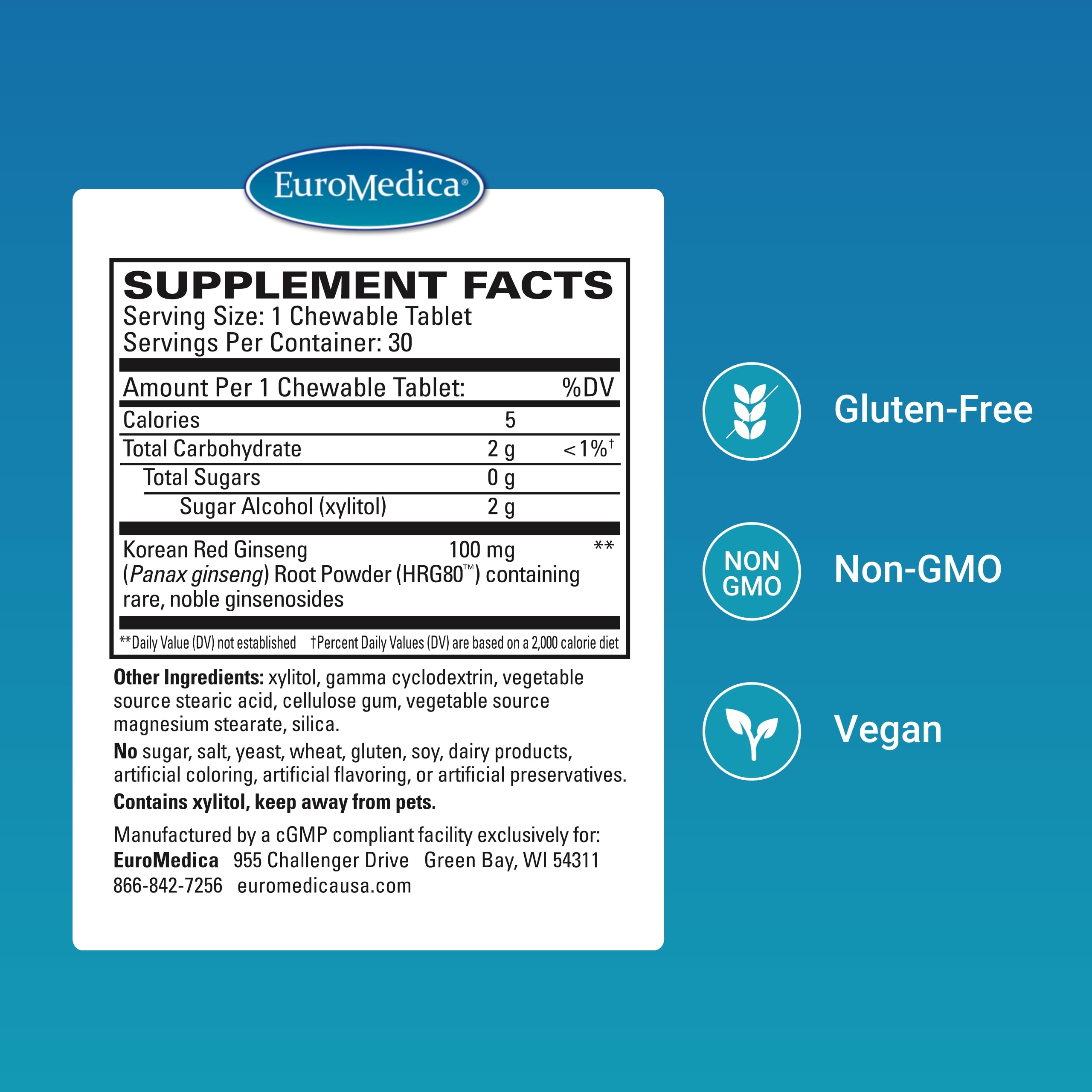 Close-up of EuroMedica Red Ginseng Energy chewable tablets for daily use