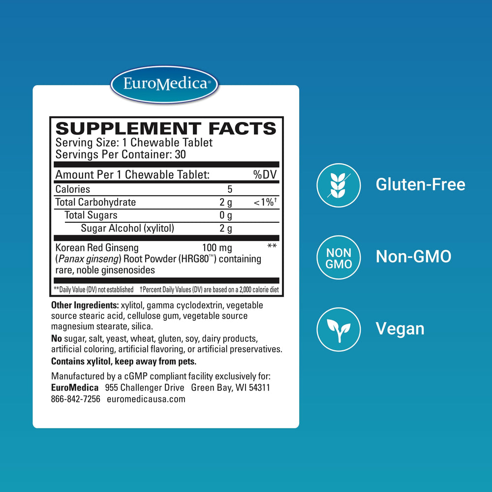 Close-up of EuroMedica Red Ginseng Energy chewable tablets for daily use
