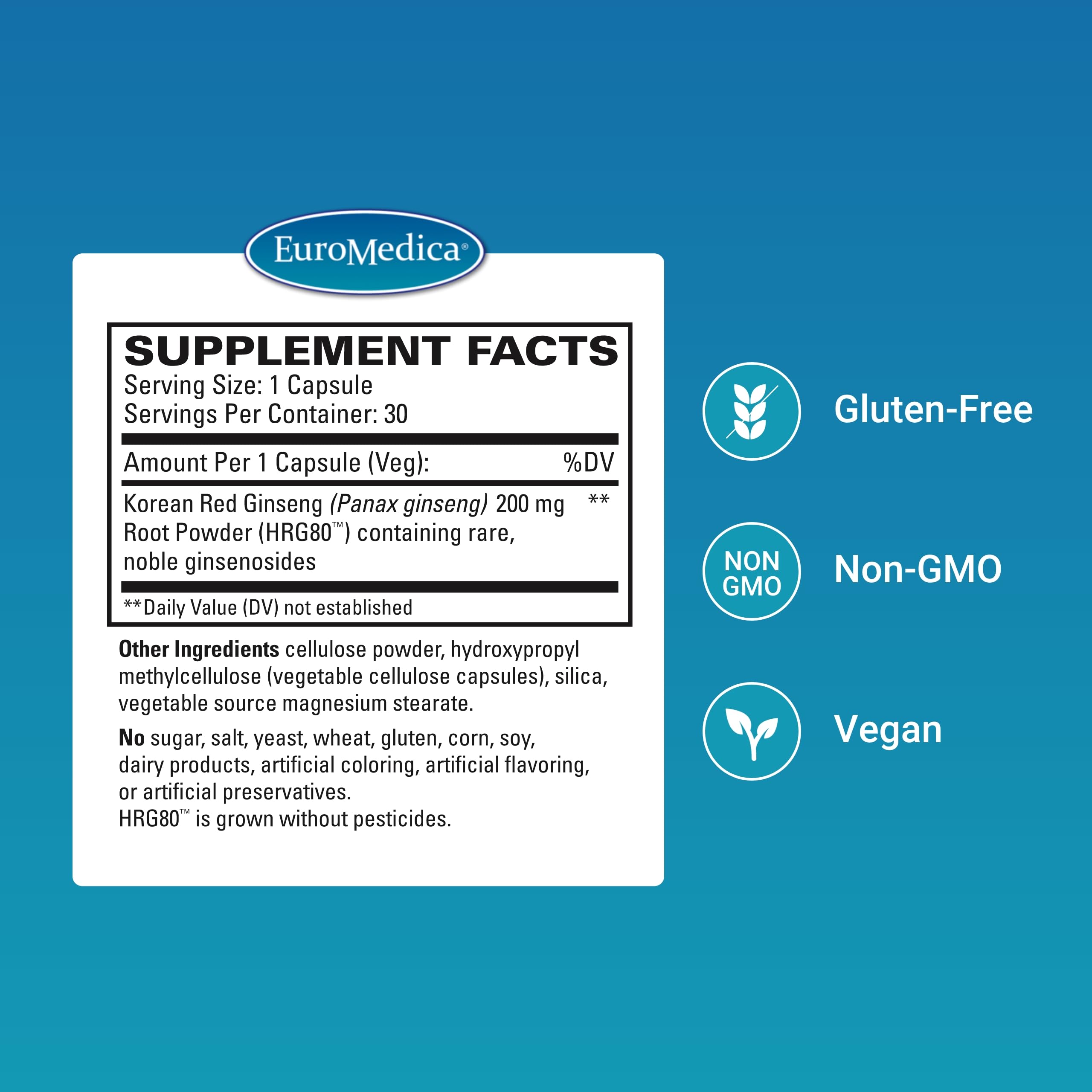 EuroMedica Red Ginseng Energy tablets on bottle show vegan allergen-free formula