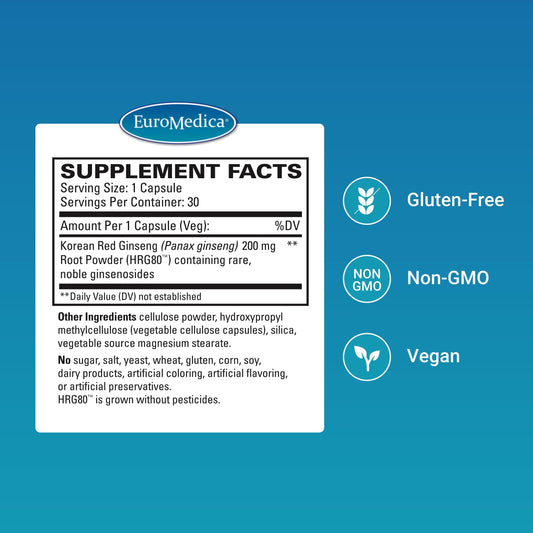 EuroMedica Red Ginseng Energy tablets on bottle show vegan allergen-free formula