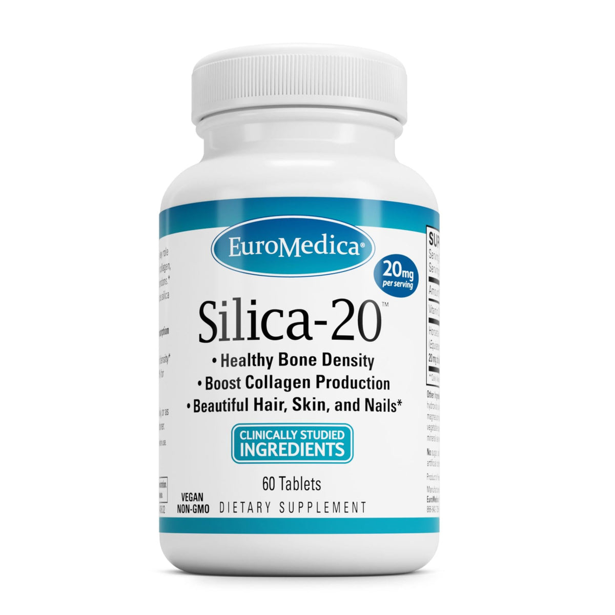 EuroMedica Silica-20 bottle cap close-up indicating quality packaging and freshness