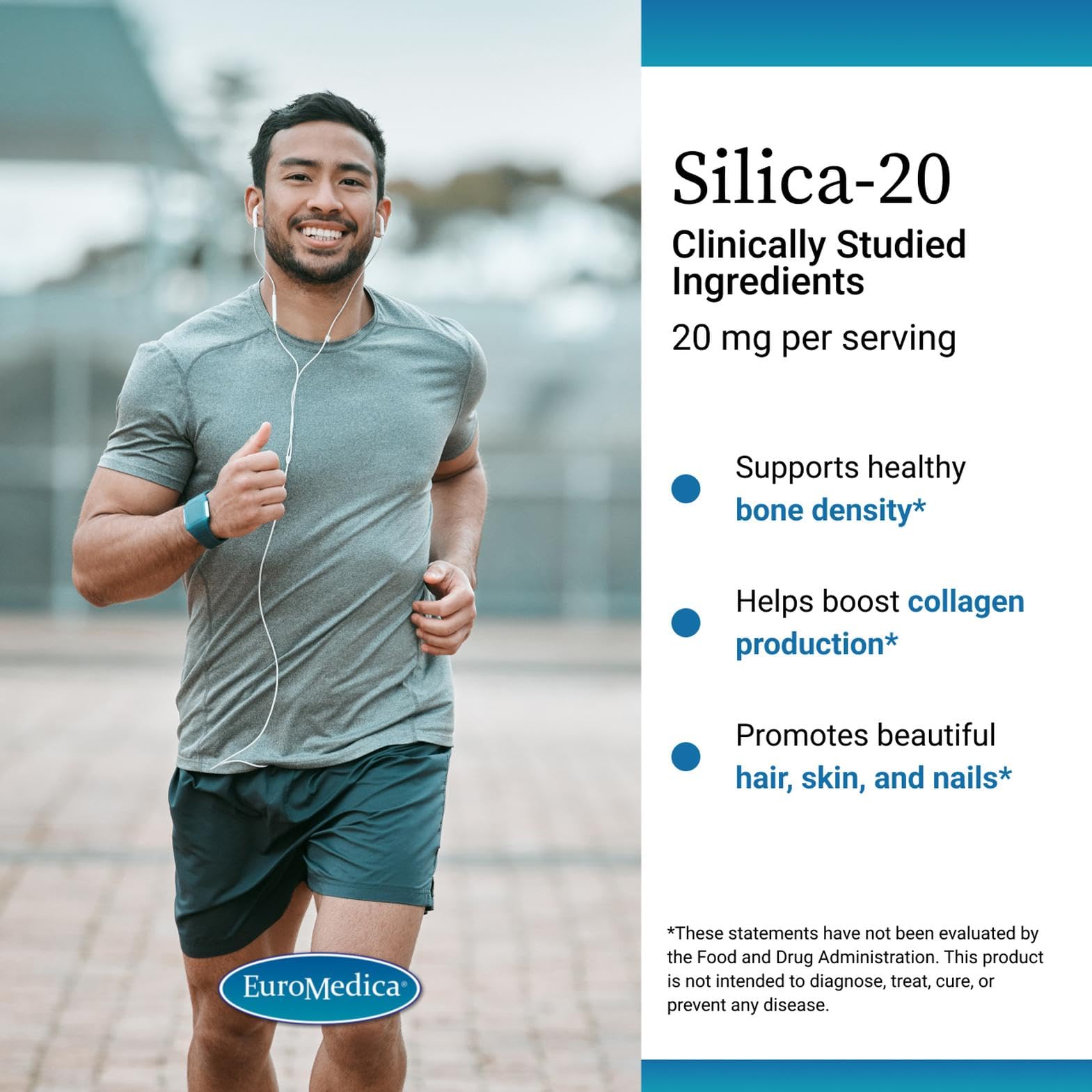 EuroMedica Silica-20 bottle front with clean labeling and allergen-friendly promise