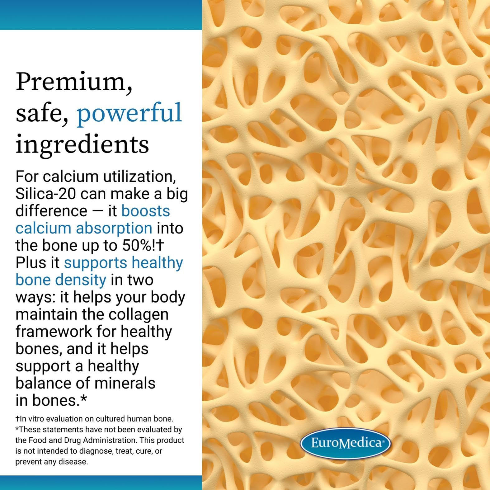 EuroMedica Silica-20 packaging graphic illustrating bone and collagen themes