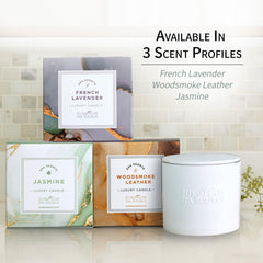 European Spa Source French Lavender candle in living room creates soothing ambience.