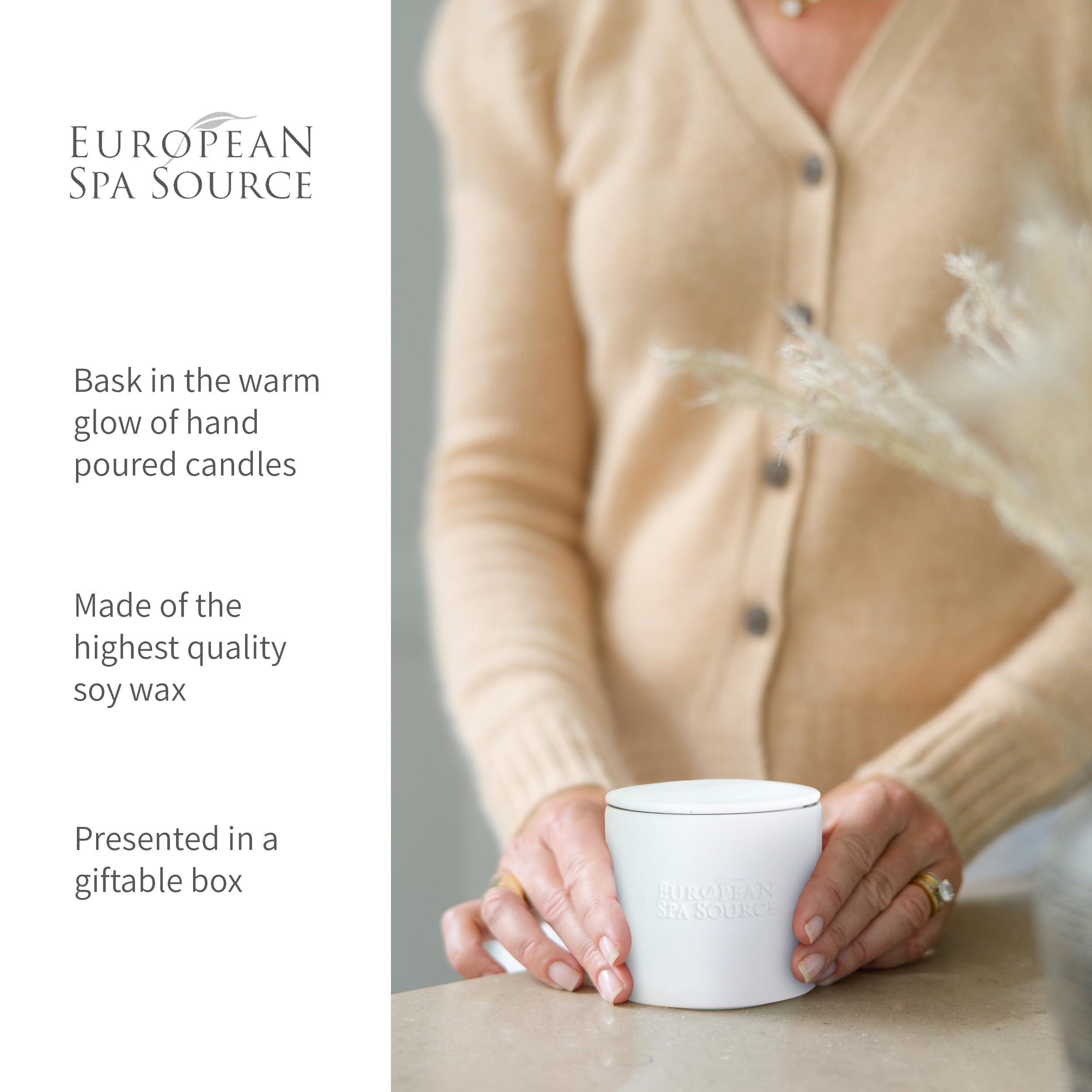 European Spa Source French Lavender candle on shelf display adding elegant calm.