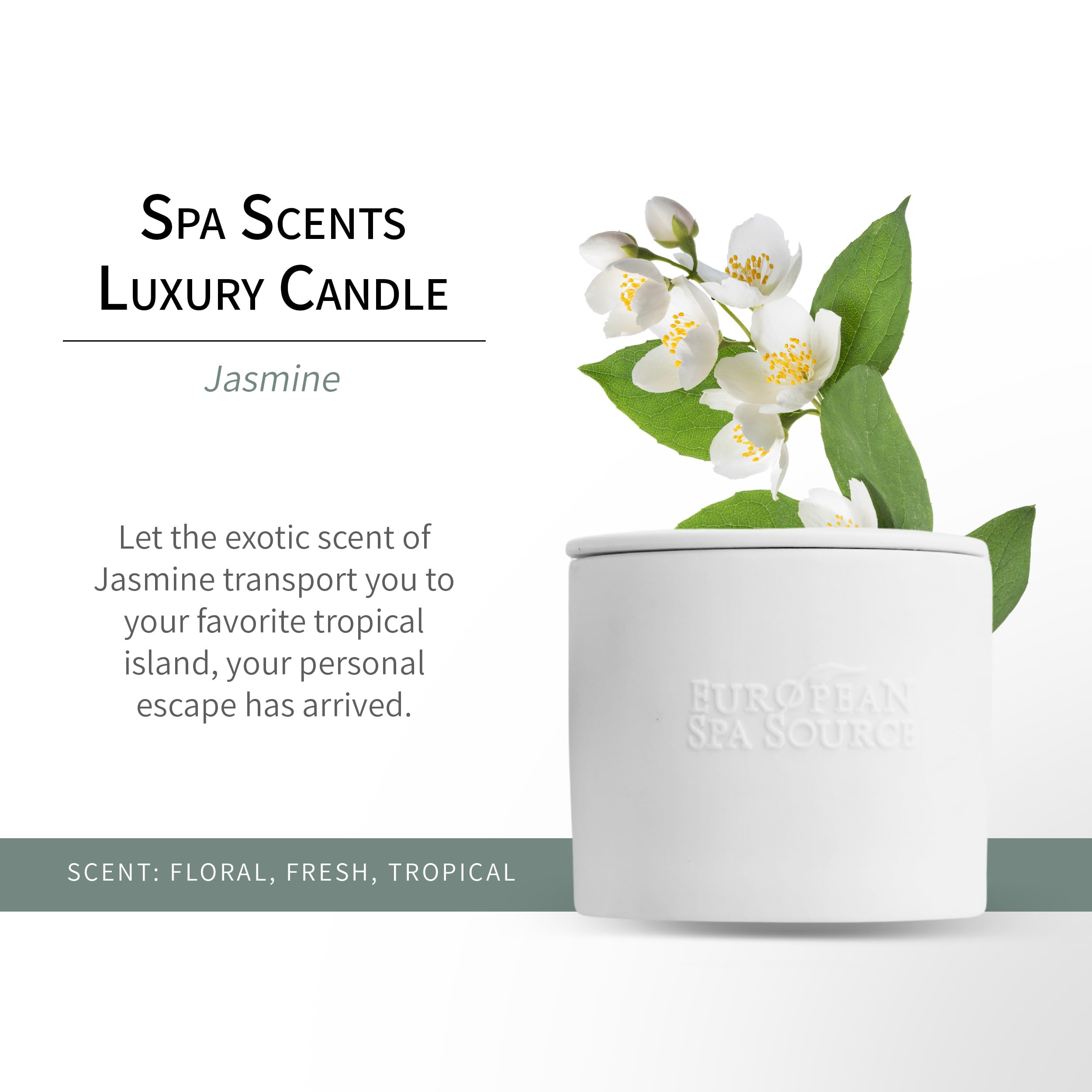 European Spa Source Jasmine Luxury Candle lit glow creating a calming home spa vibe
