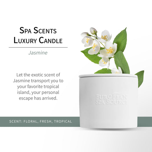 European Spa Source Jasmine Luxury Candle lit glow creating a calming home spa vibe
