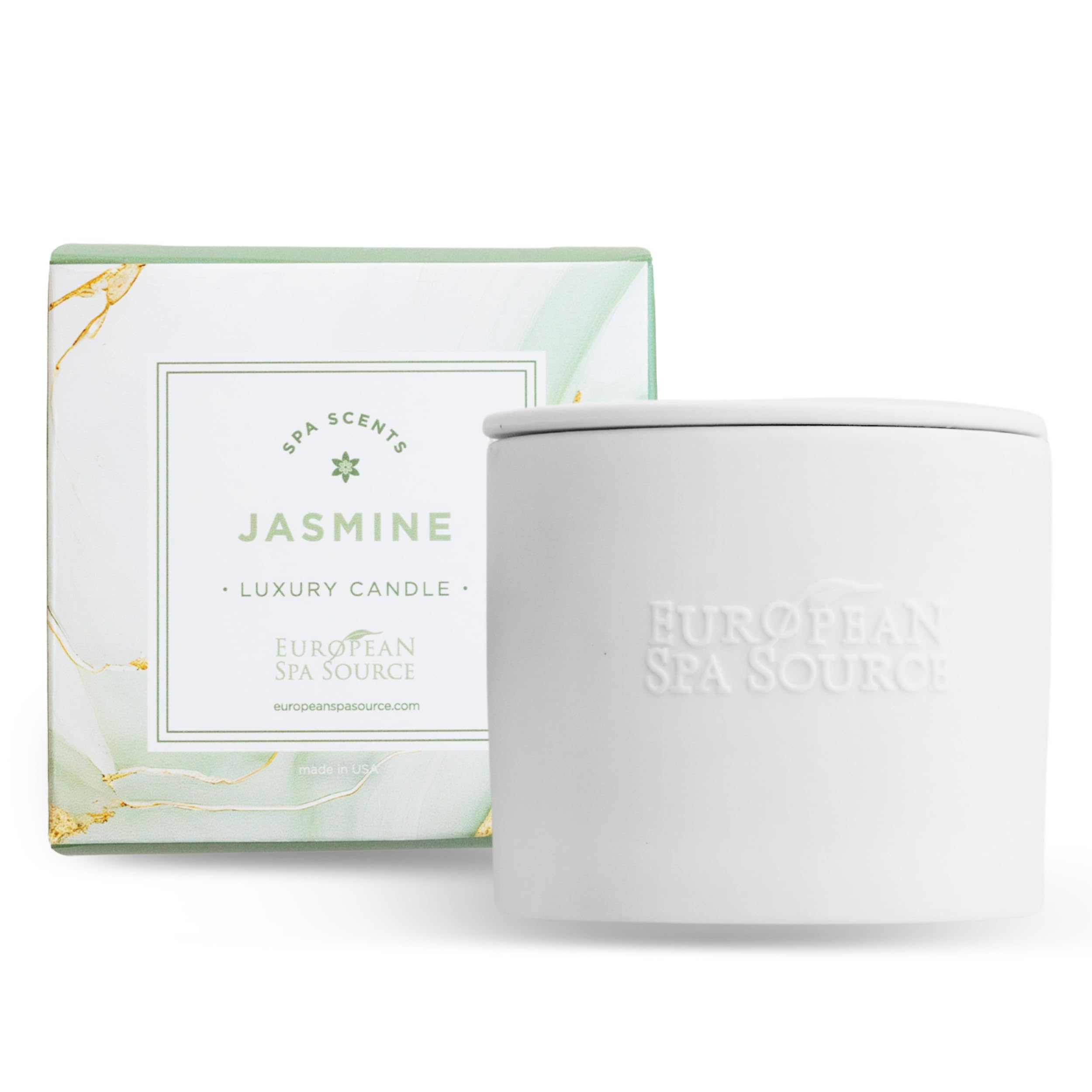 European Spa Source Jasmine Luxury Candle packaging, gift-ready for a relaxing night