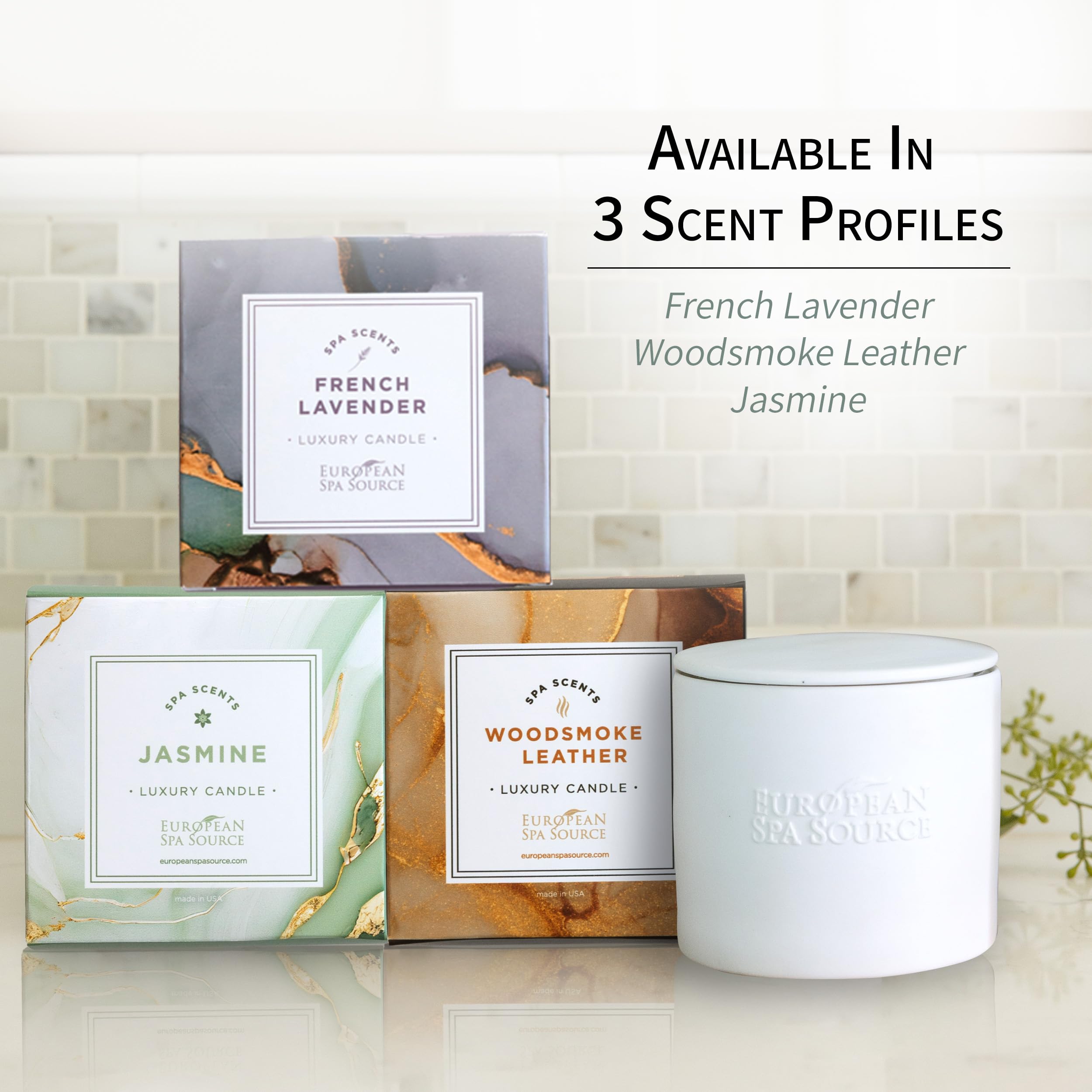 European Spa Source Jasmine Luxury Candle on a coffee table with towels for a spa moment
