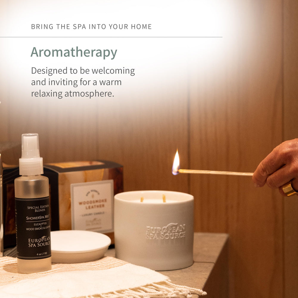 Cozy home spa ambience created by European Spa Source Woodsmoke Leather Candle.
