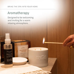 Cozy home spa ambience created by European Spa Source Woodsmoke Leather Candle.