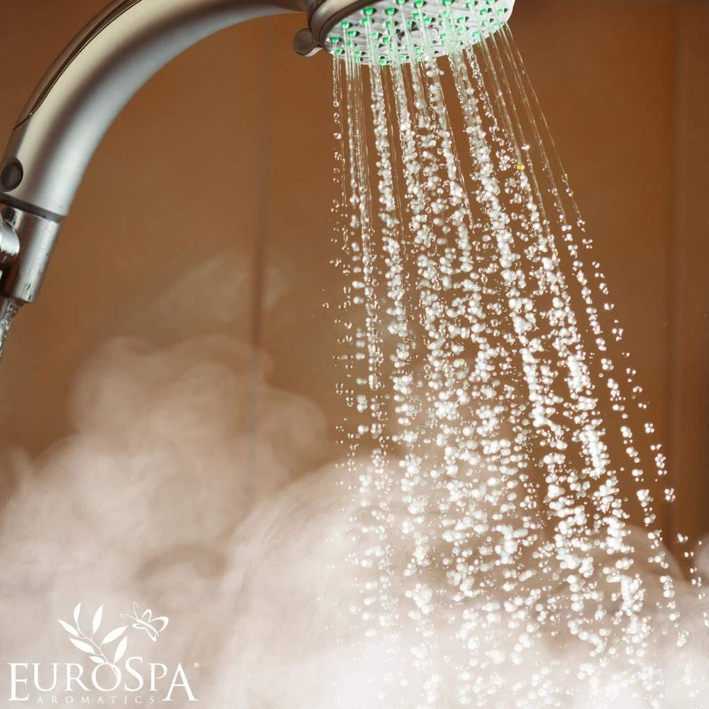 EuroSpa Aromatics bathroom aromatherapy mist showcases pure oil near a shower area for refreshing routines.