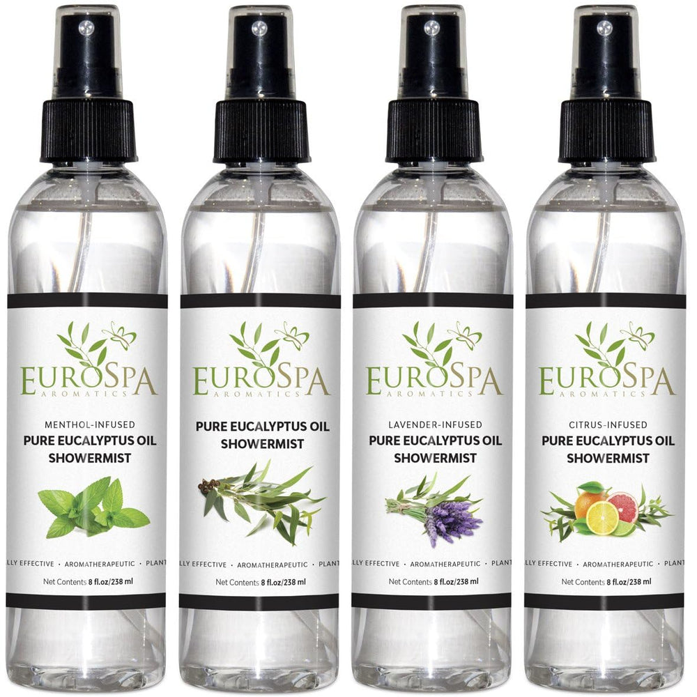 EuroSpa Aromatics eucalyptus oil bottle pour delivers spa-like aroma in the shower.