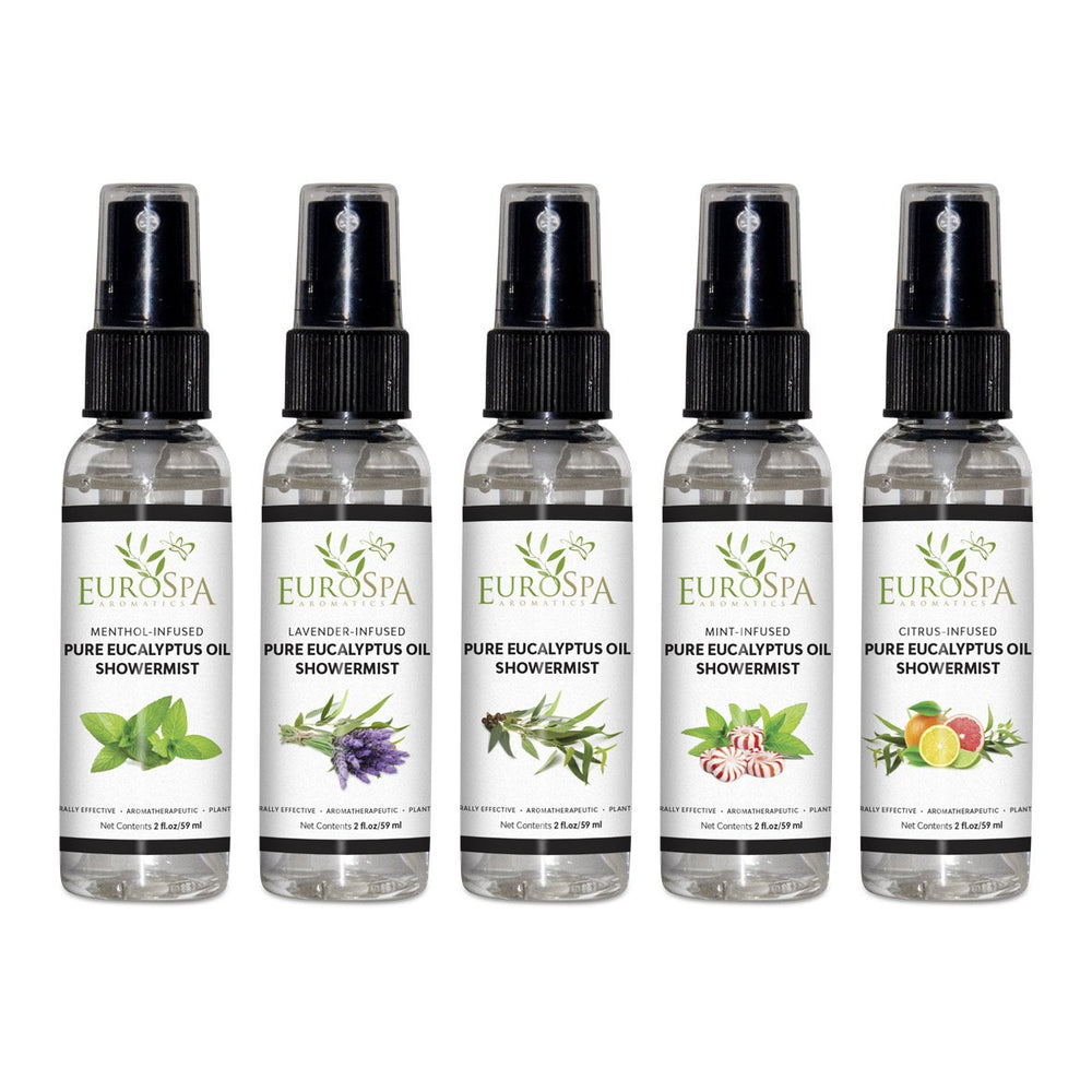 EuroSpa Aromatics eucalyptus oil bottle pour for invigorating shower aromatherapy.