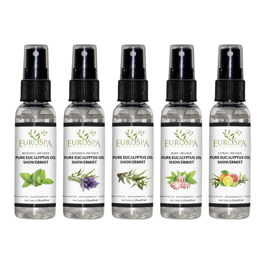 EuroSpa Aromatics eucalyptus oil bottle pour for invigorating shower aromatherapy.