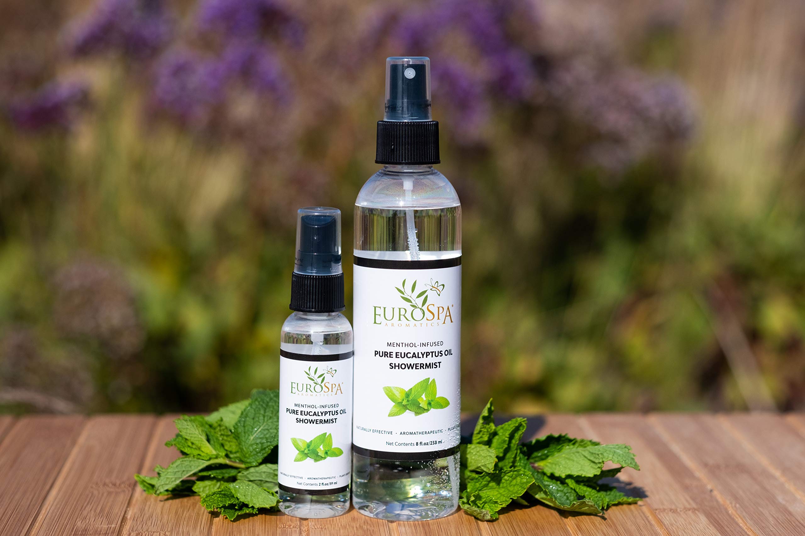 EuroSpa Aromatics eucalyptus showermist 2oz bottle for on-the-go scent therapy.