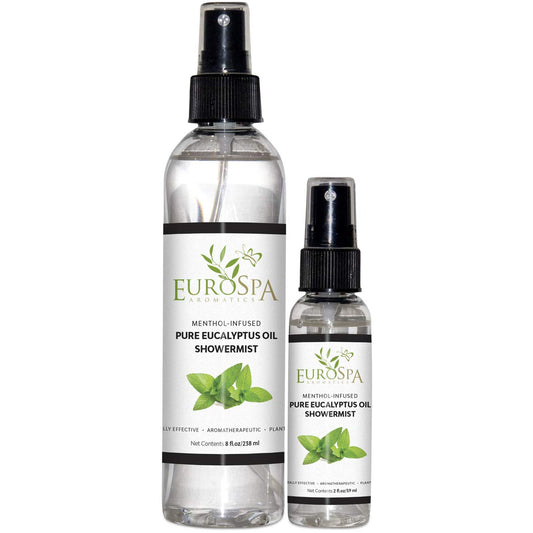 EuroSpa Aromatics eucalyptus showermist 8oz bottle releasing refreshing aroma for spa-like showers.