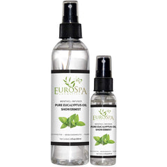 EuroSpa Aromatics eucalyptus showermist 8oz bottle releasing refreshing aroma for spa-like showers.