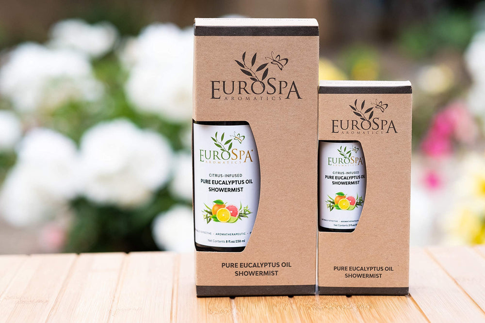 EuroSpa Aromatics eucalyptus steam room spray diffusing in shower steam for a spa-like feel.
