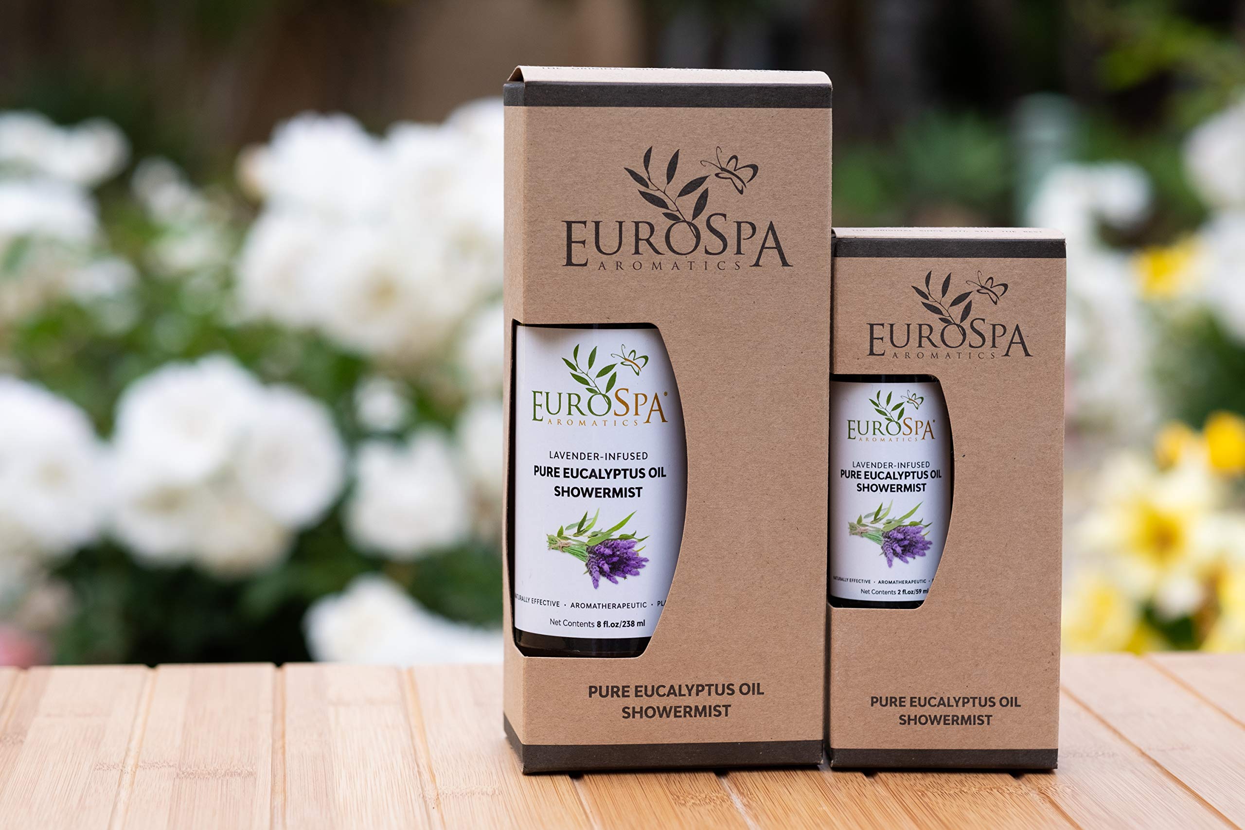 EuroSpa Aromatics lavender-infused eucalyptus showermist close-up for calming spa-like aroma.