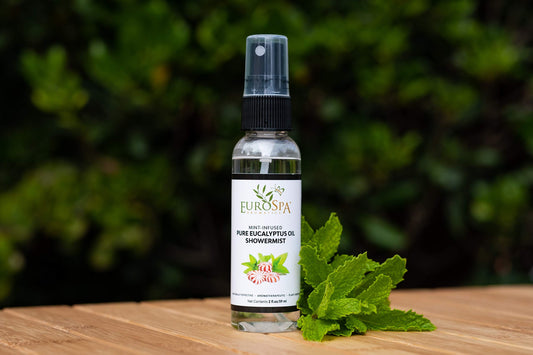 EuroSpa Aromatics label close-up shows 100% pure eucalyptus oil