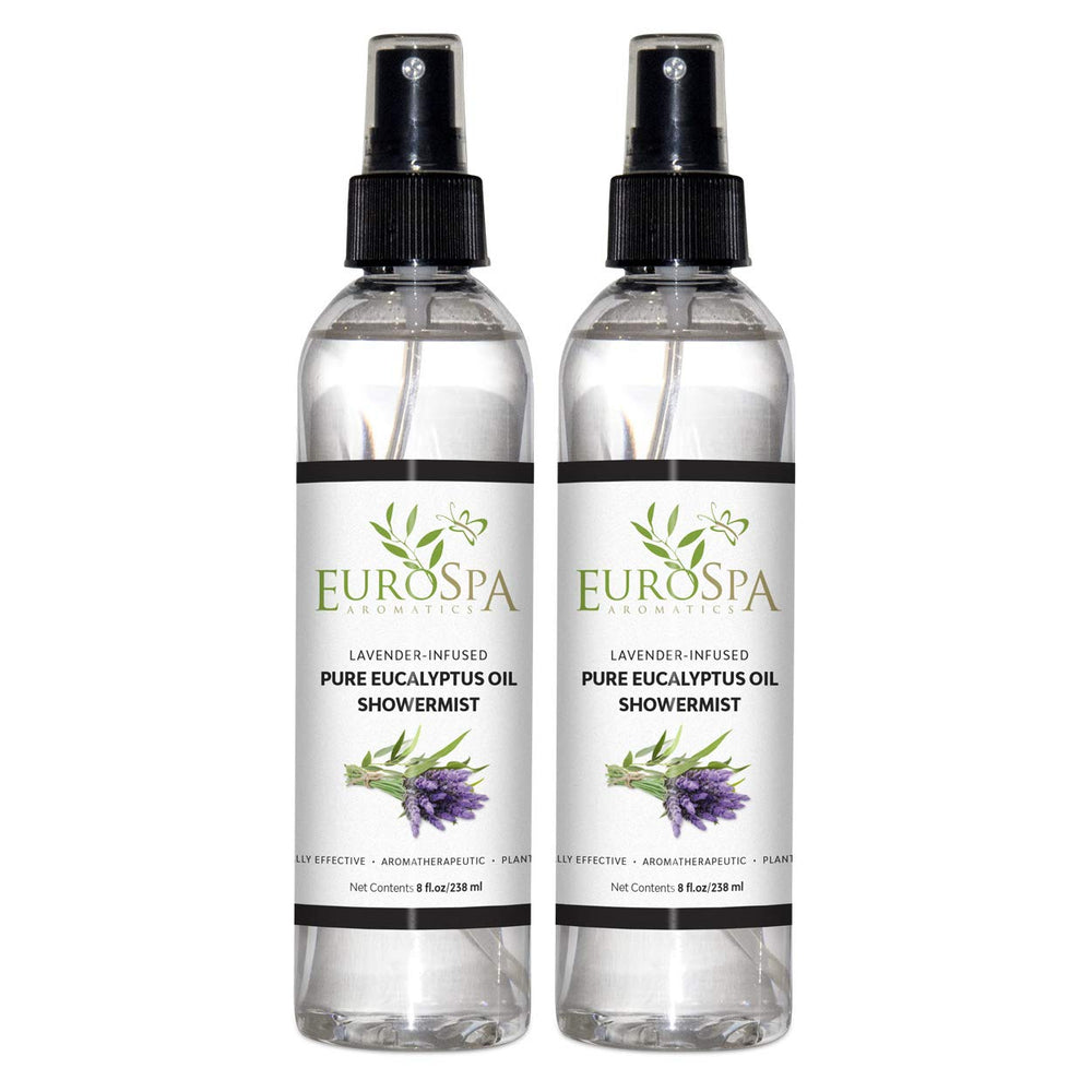 EuroSpa Aromatics pure eucalyptus showermist bottle pour for refreshing aromatherapy.