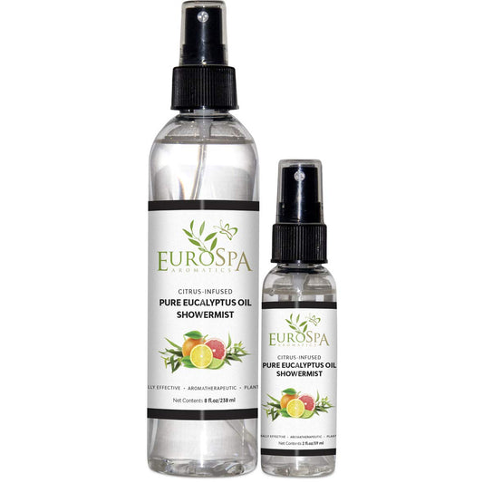 EuroSpa Aromatics pure eucalyptus ShowerMist bottle front for refreshing aromatherapy.